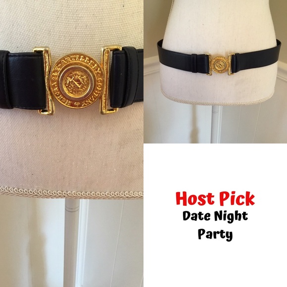 Vintage Accessories - Vintage navy blue leather belt, gold buckle -36”